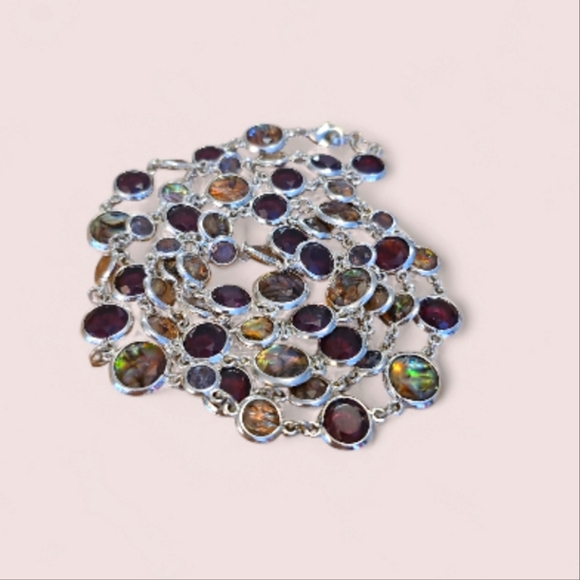 Anne Klein MultiColor SilverTone Bezel Station Link Abalone Purple Blue Necklace - Picture 3 of 8